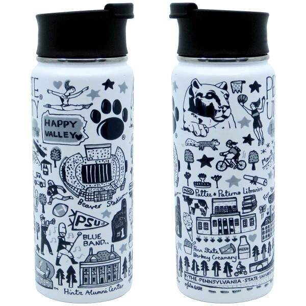 white stainless steel travel mug Julia Gash illustrated Penn State University scenes and phrases, 2 views